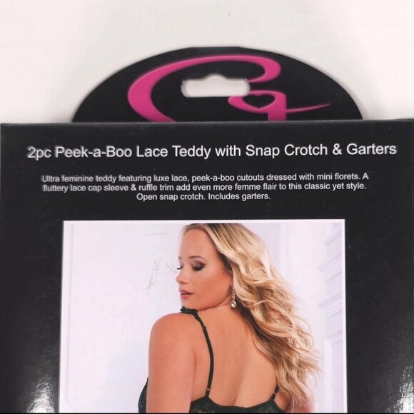 Green Lace Peekaboo Teddy Snap Crotch w/ Garters Plus Size G World OH2425PQ - Picture 4 of 7